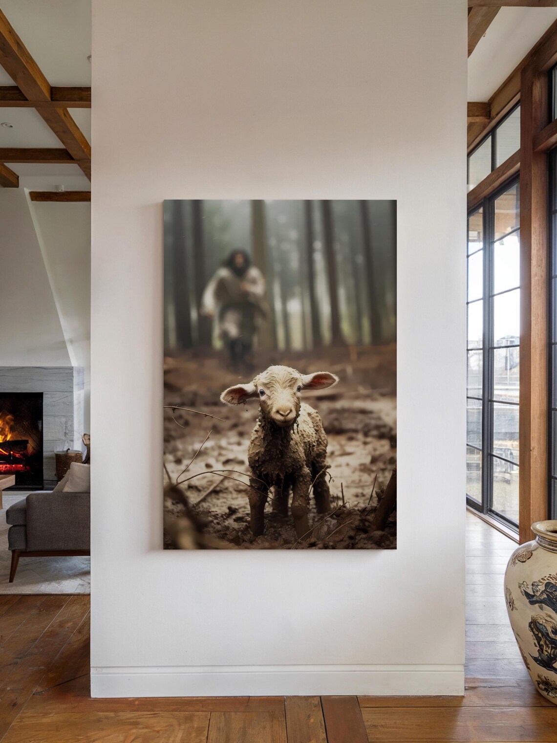 Jesus Running After Lost Lamb Religious Art Print