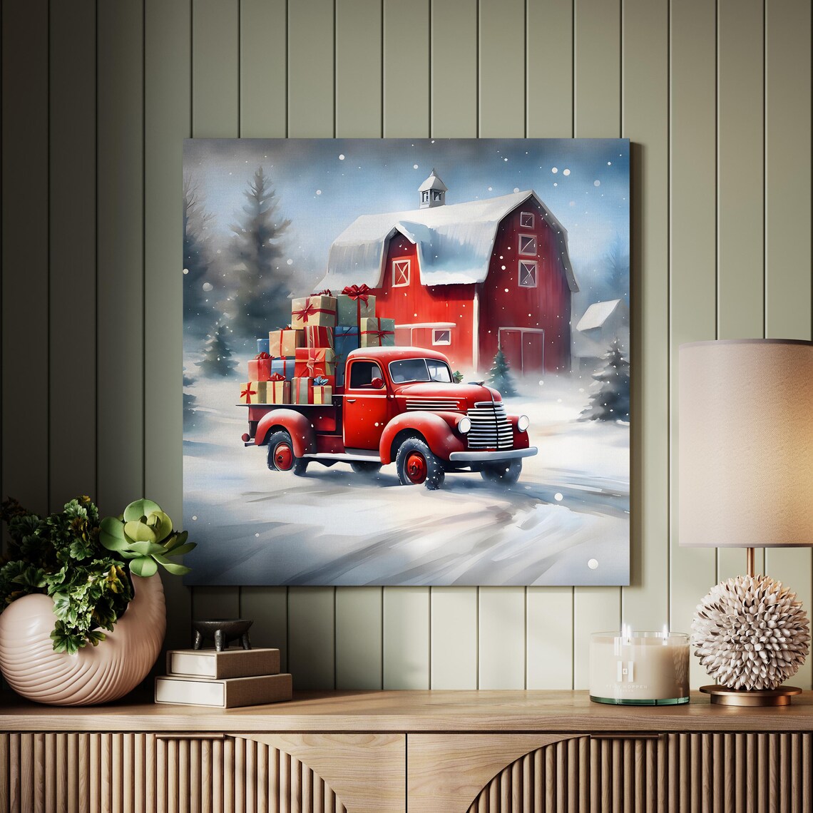 Red Christmas Truck Gifts Snowy Barn Vintage Holiday Farm Art Poster
