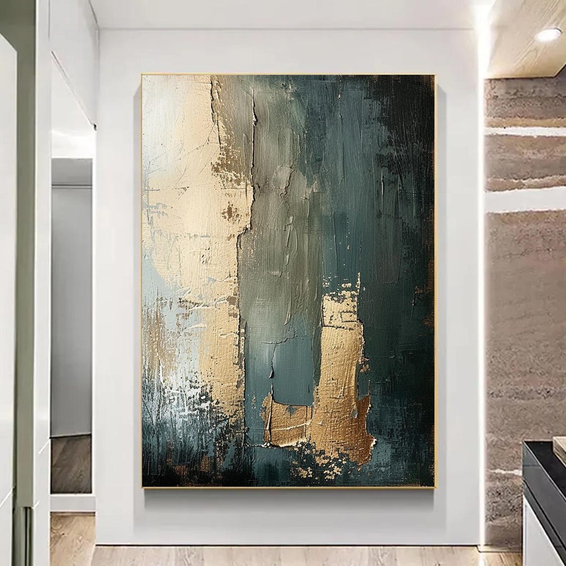 Teal Gold Abstract Vertical Bands Textured Modern Decor Art Poster - Image 4