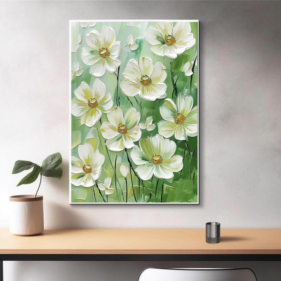 White Blossoms Gold Centers Pale Green Botanical Painting Art Poster - Image 3