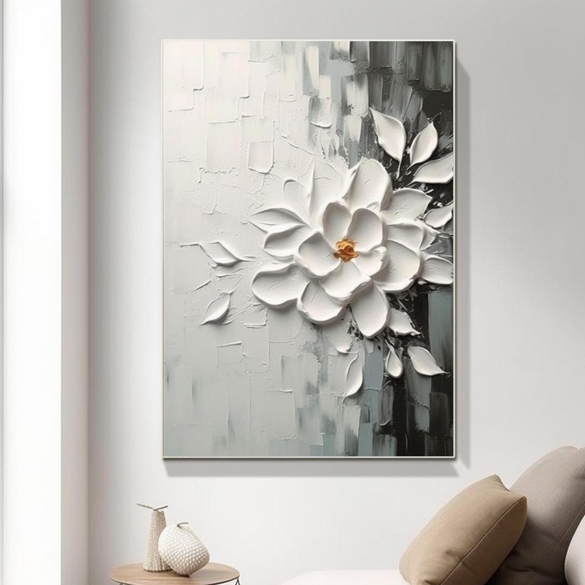 White Floral Cluster Gold Center Gray Abstract Botanical Art Poster - Image 5