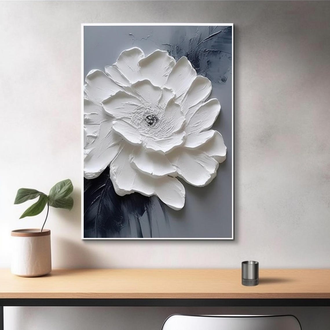 White Layered Bloom Gray Textured Background Modern Floral Art Poster - Image 2