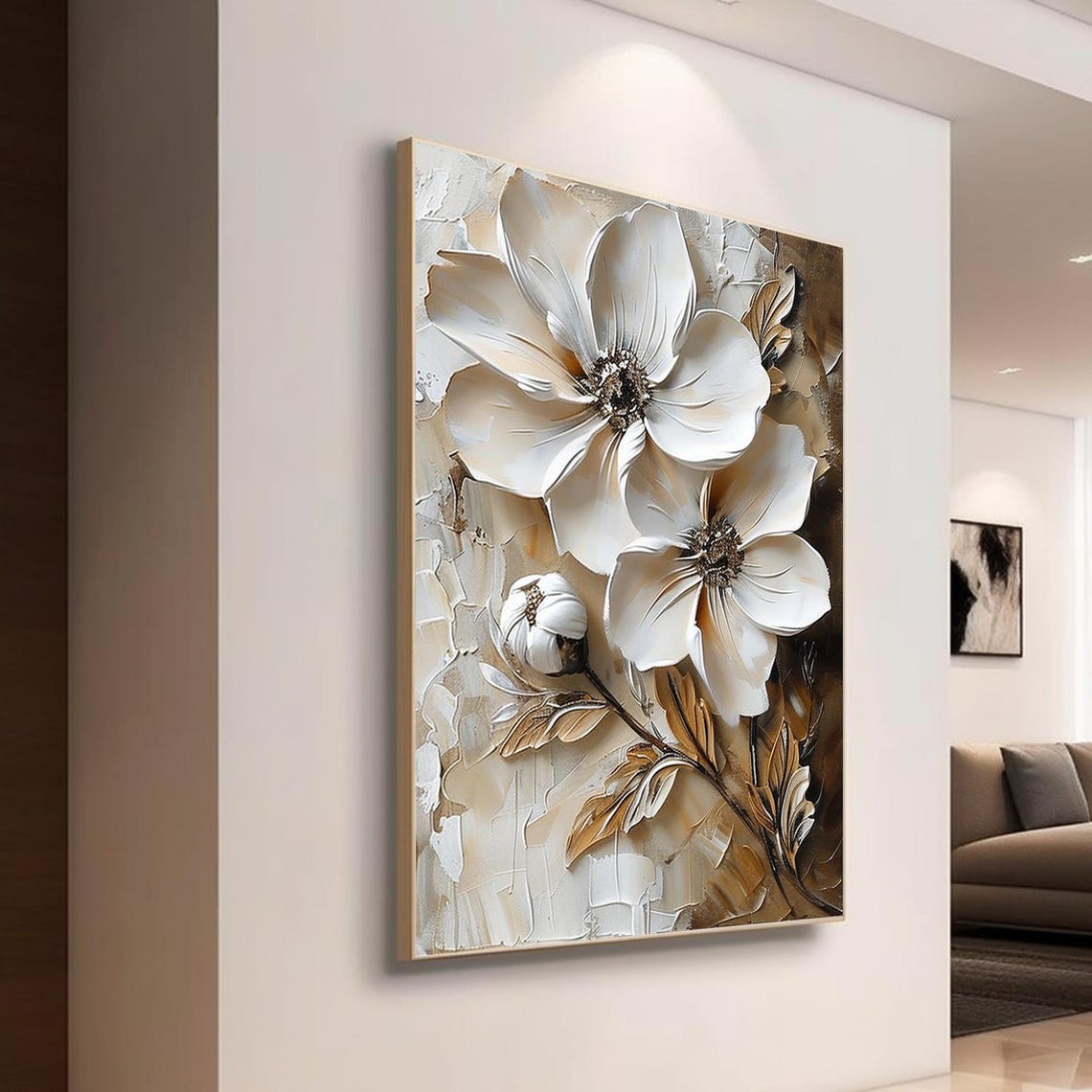 Twin White Blooms Bronze Leaves Cream Textured Floral Art Poster - Image 3