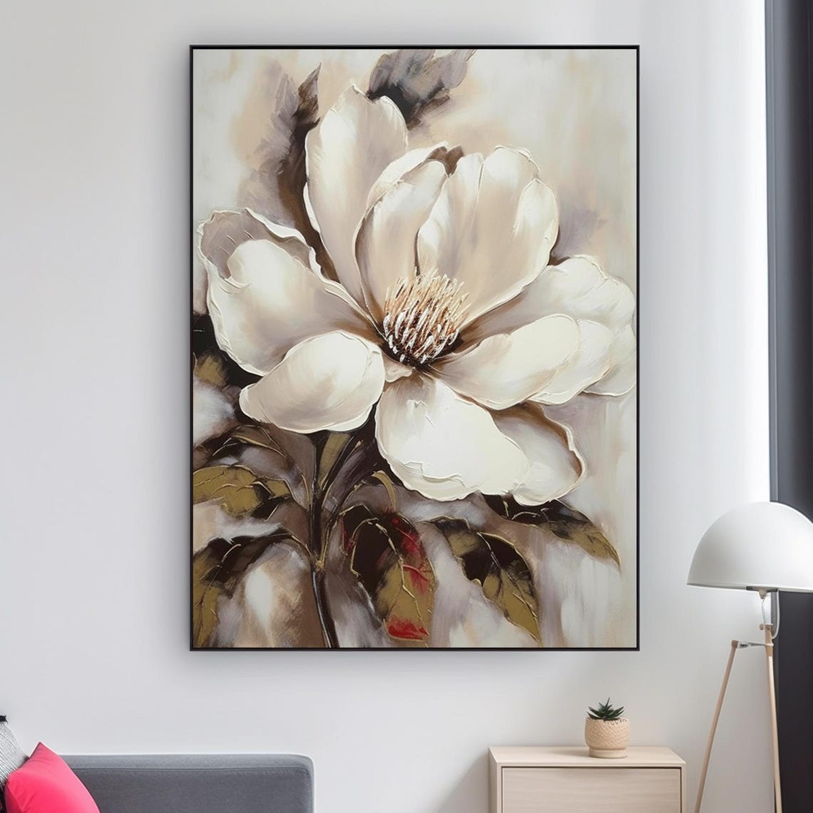Cream Magnolia Bloom Golden Foliage Warm Neutral Floral Art Poster - Image 2