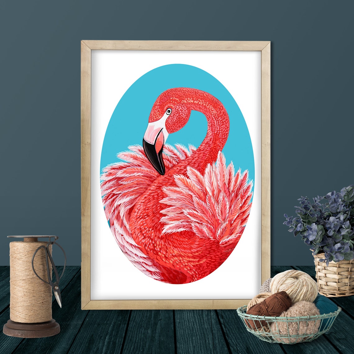 Pink Flamingo Curled Gracefully Inside Turquoise Oval Tropical Poster