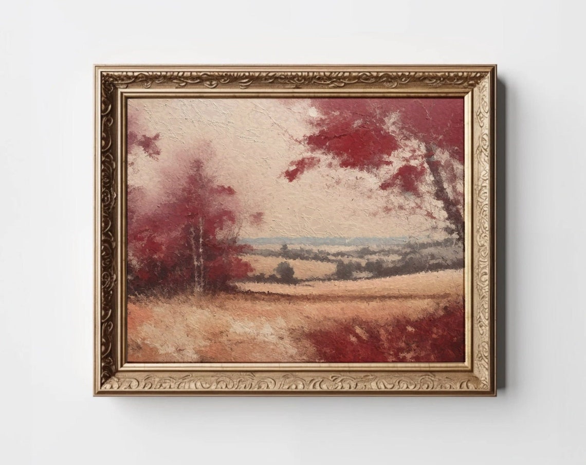 Moody Fall Print Burgundy Vintage Landscape Wall Art Rustic Decor Autumn Maroon Dark Painting Instant