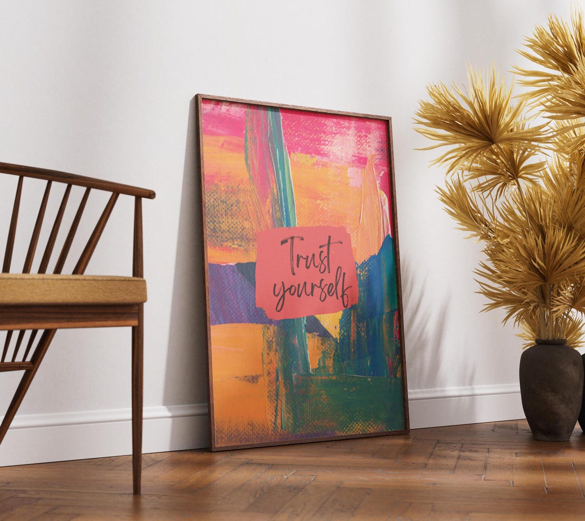 Trust Yourself Abstract Painted Quote Poster Bold Orange Red Teal Art - Image 2