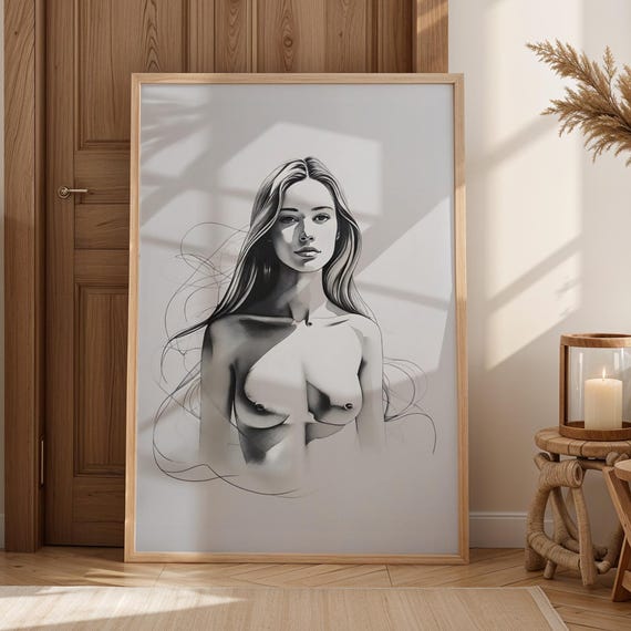 Minimalist Nude Line Art Print Black And White Female Portrait Modern Wall Decor