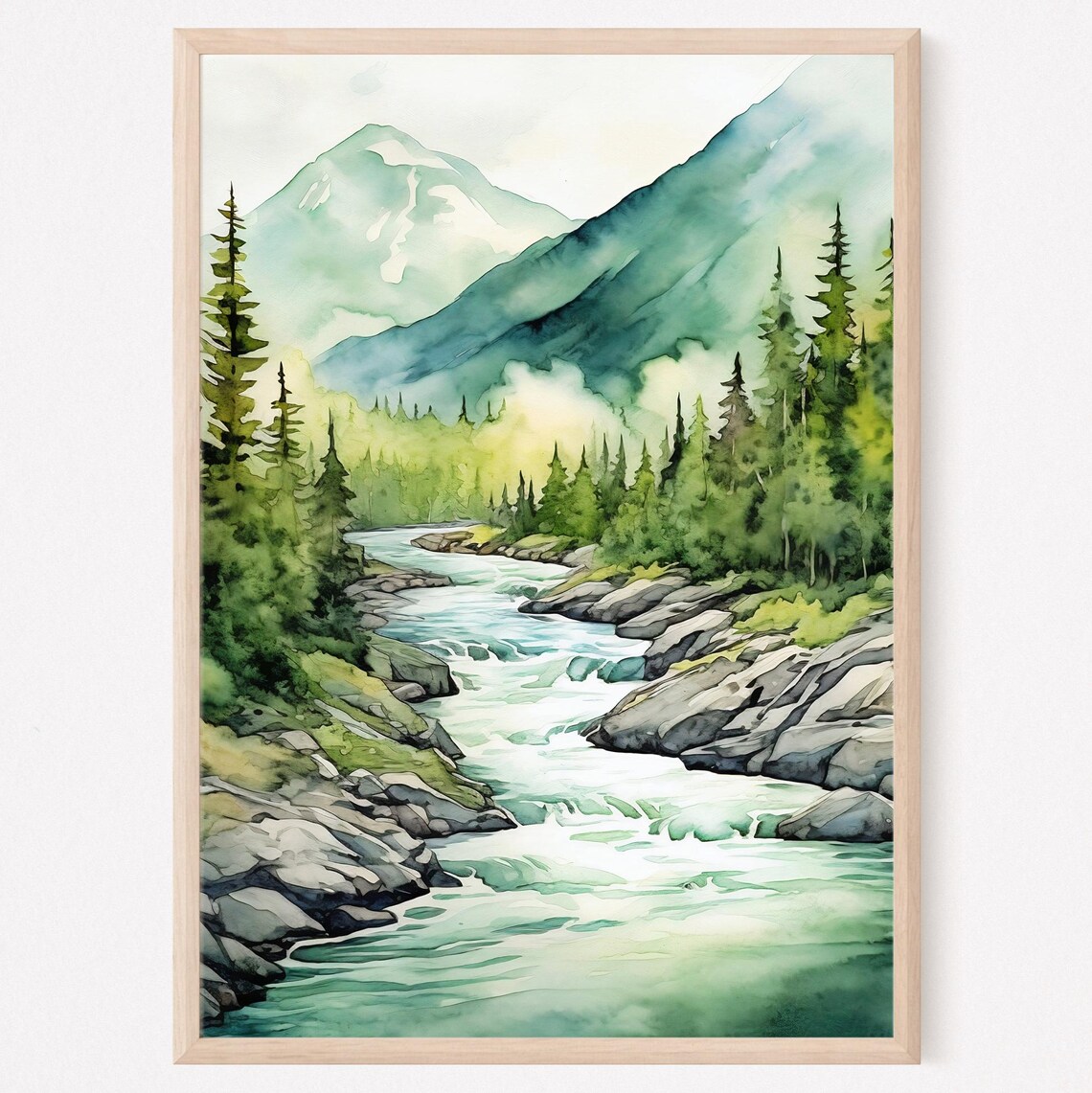 Mountain River Misty Forest Watercolor Art Print