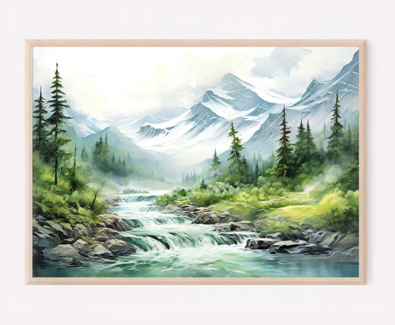 Mountain River Painting Misty Forest Landscape Wall Art Pine Tree Watercolor Painting Light Blue Green Beige Art Print Mountain Poster