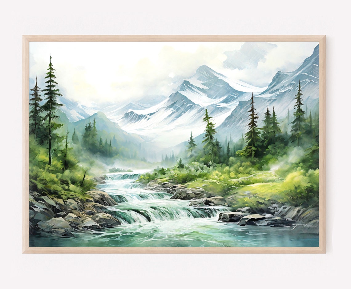 Rushing Mountain River with Rapids and Snowy Peaks Watercolor Poster