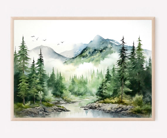 Mountain Lake Watercolor Fine Art Print Blue Green Mountains Painting Large Neutral Landscape Print Minimalist Wall Art Panoramic Landsape