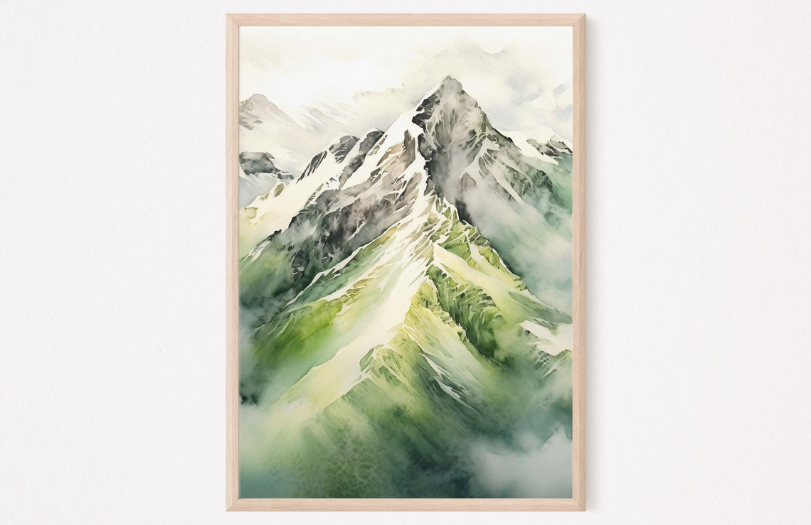 Emerald Mountain Peak Rising Through Soft Mist Watercolor Poster