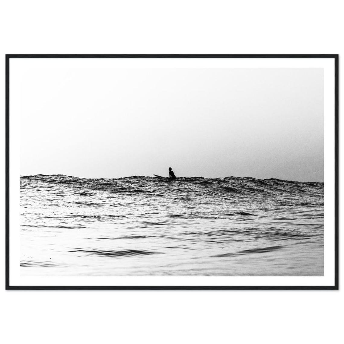 Lone Surfer on Wave Black and White Ocean Photography Poster