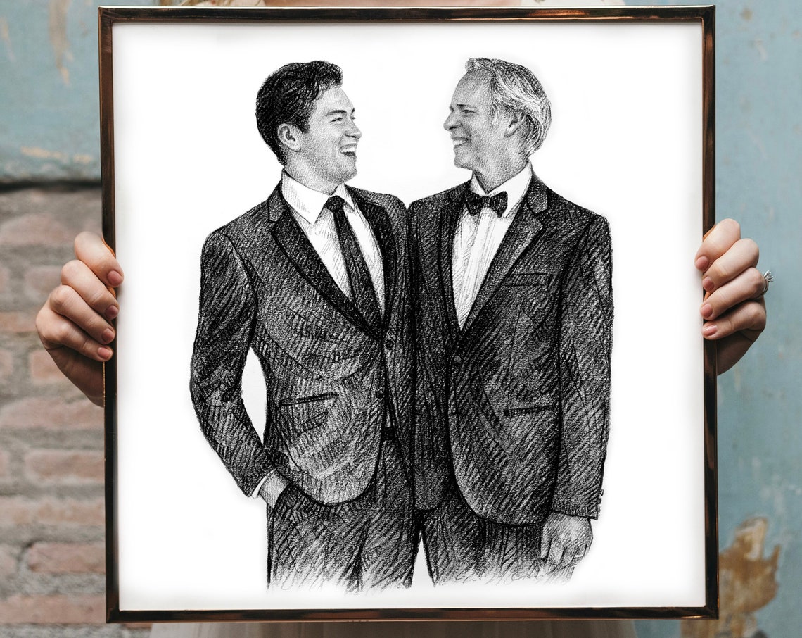 Two Laughing Men in Suits Custom Pencil Portrait Sketch Art Print