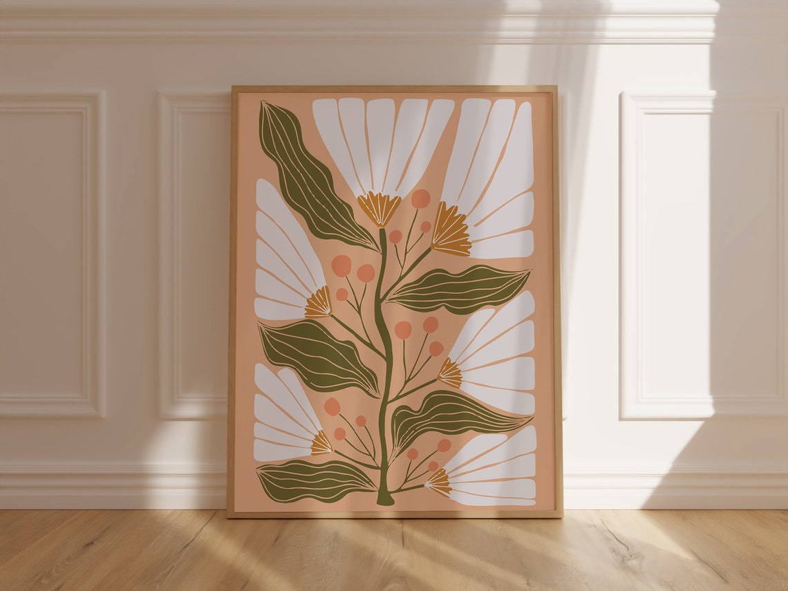 Matisse Style White Floral Botanical Poster on Peach Background