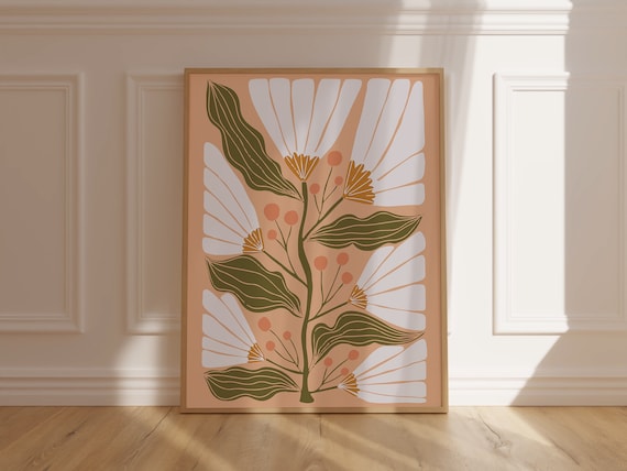 Matisse Style White Floral Botanical Poster on Peach Background