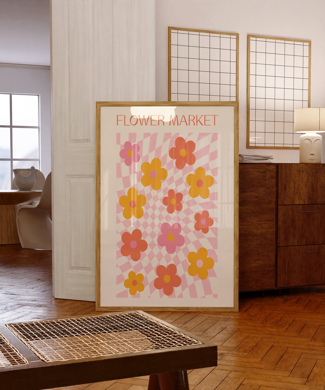Flower Market Groovy Retro Blossoms Checkered 70s Art Poster - Image 5