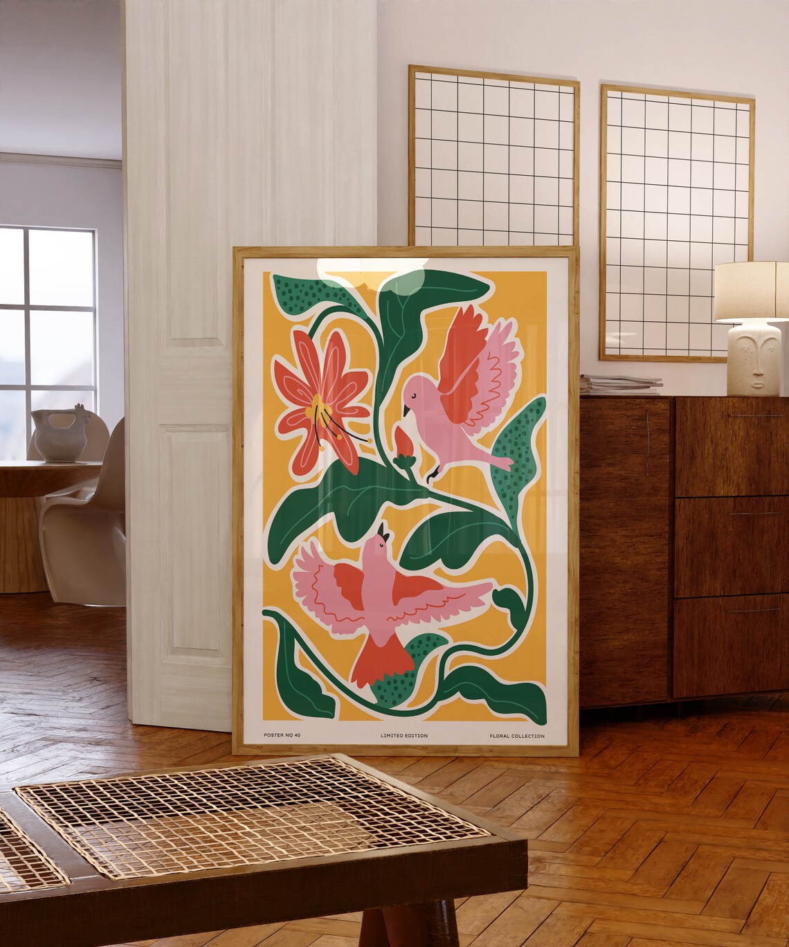 Two Pink Birds Among Red Flowers Floral Collection No 40 Poster - Image 4