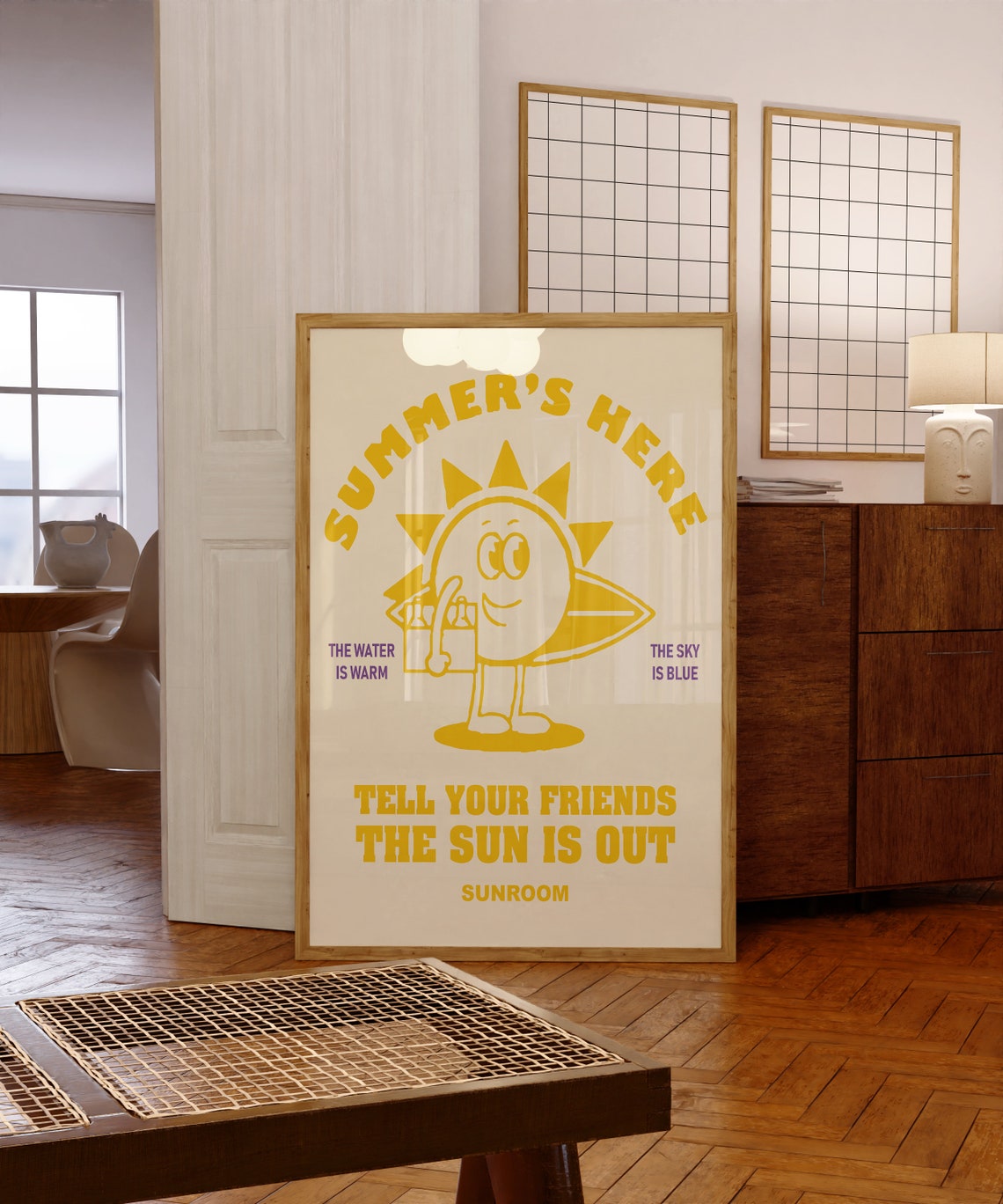 Summer's Here Retro Smiling Sun Mascot Sunshine Quote Poster - Image 4