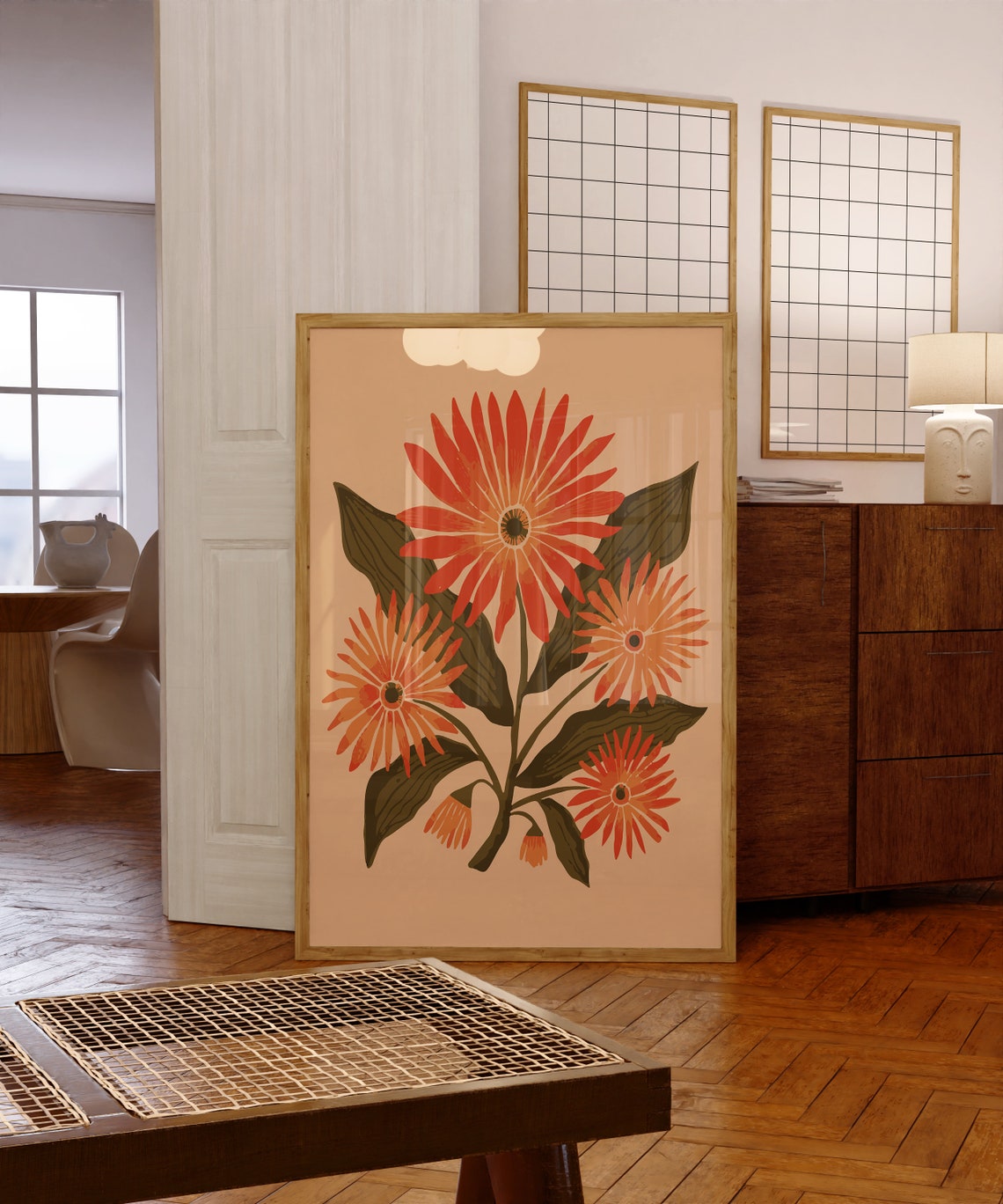 Orange Daisy Blossoms on Peach Modern Botanical Flower Art Poster - Image 5