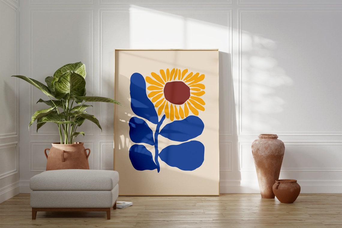 Retro Sunflower Abstract Botanical Print with Bold Blue Leaves - Image 4