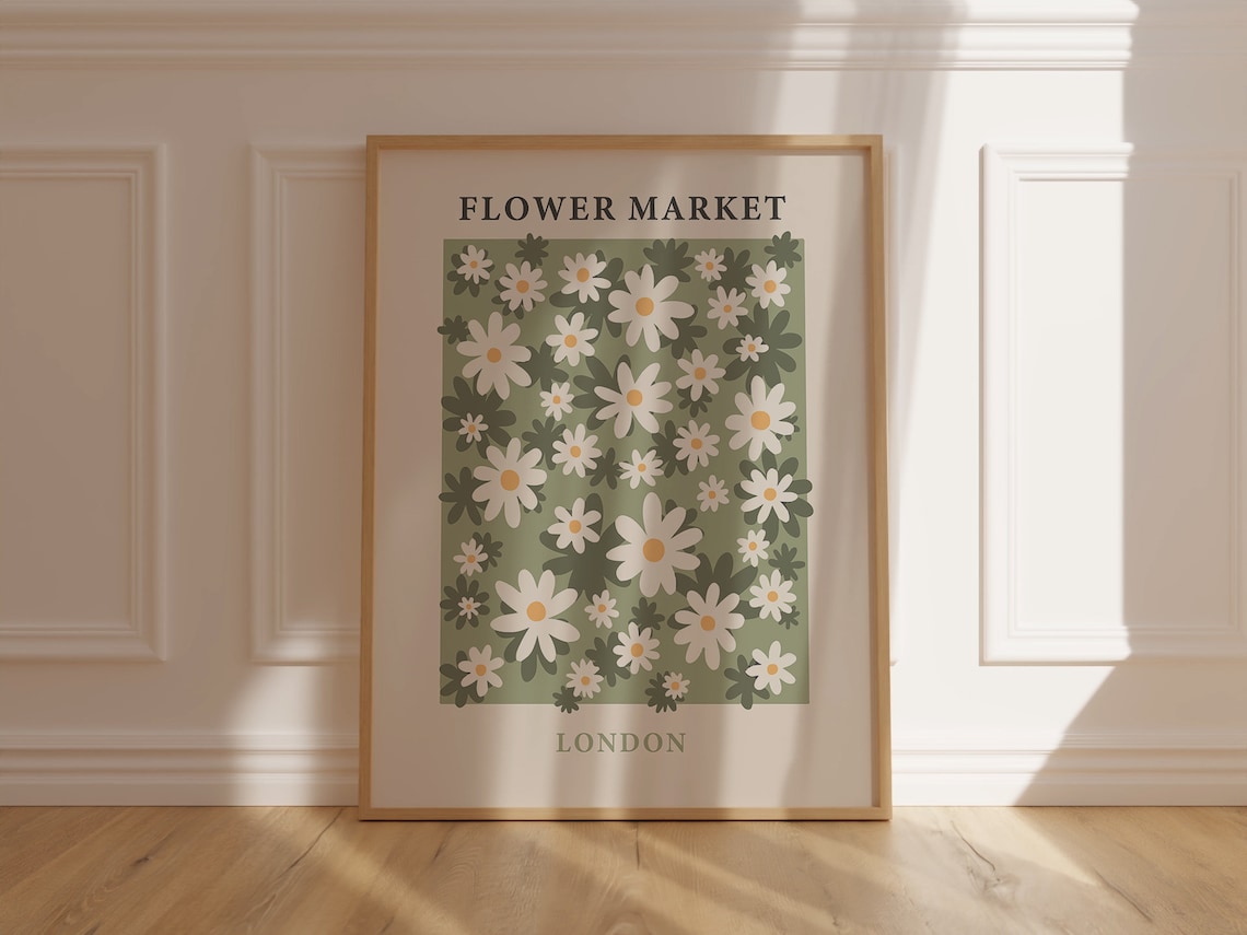 Flower Market London White Daisies Sage Green Floral Art Poster