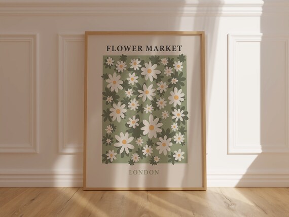 Flower Market London White Daisies Sage Green Floral Art Poster