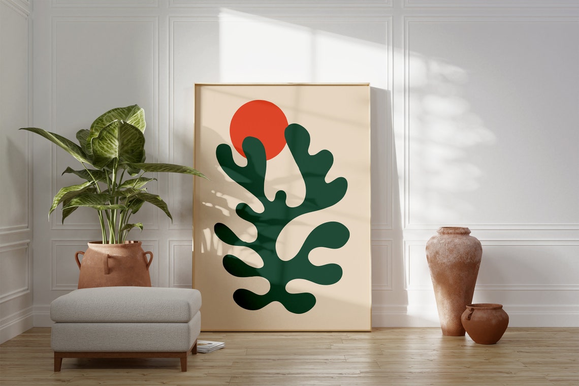 Matisse Style Deep Green Cutout Leaf Red Sun Abstract Art Poster - Image 2