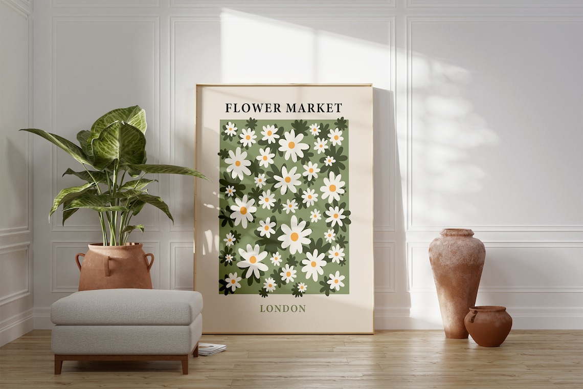 Flower Market London White Daisies Sage Green Floral Art Poster - Image 3