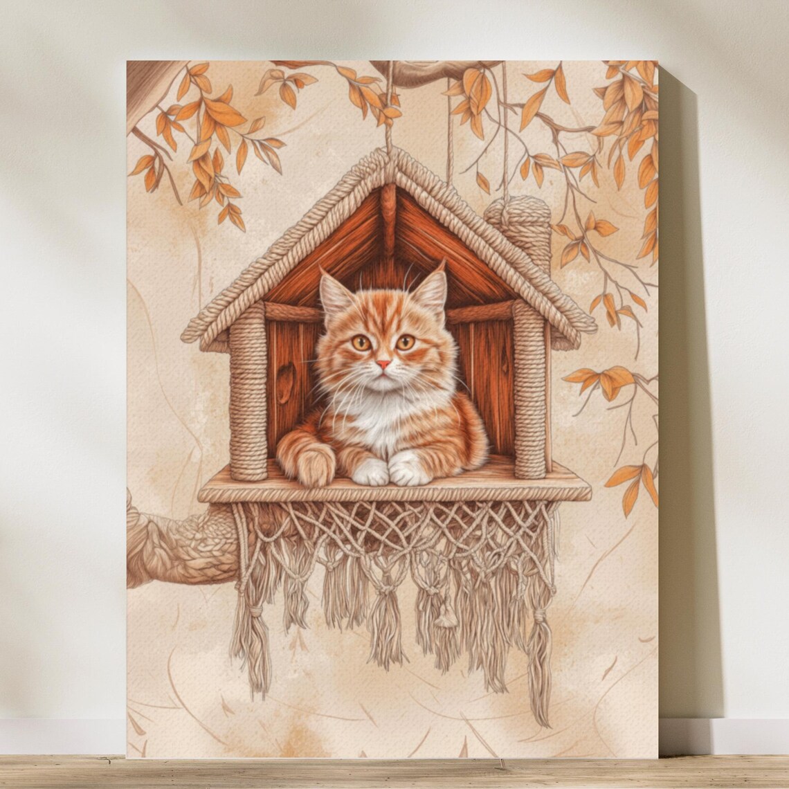 Boho Orange Tabby Cat In Hanging Macrame House Autumn Wall Art Poster
