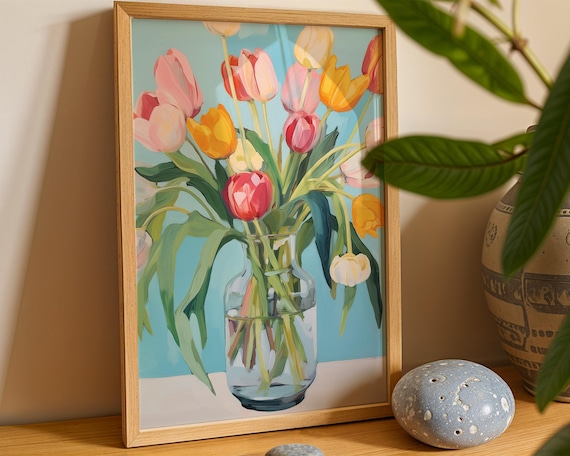 Botanical Flower Poster Bright Tulip Bouquet In Glass Vase Art Print Illustration Spring Drawing Wall