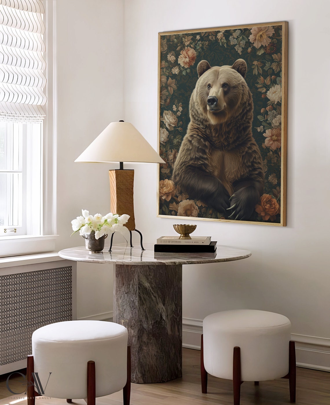 Brown Bear Seated Blush Floral Dark Botanical Vintage Poster - Image 4