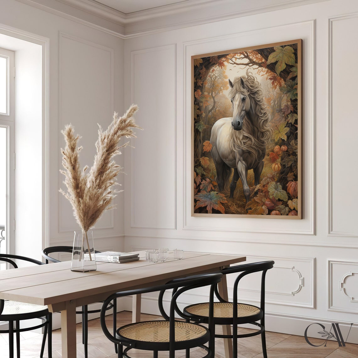 White Horse With Flowing Mane in Golden Autumn Forest Poster - Image 2
