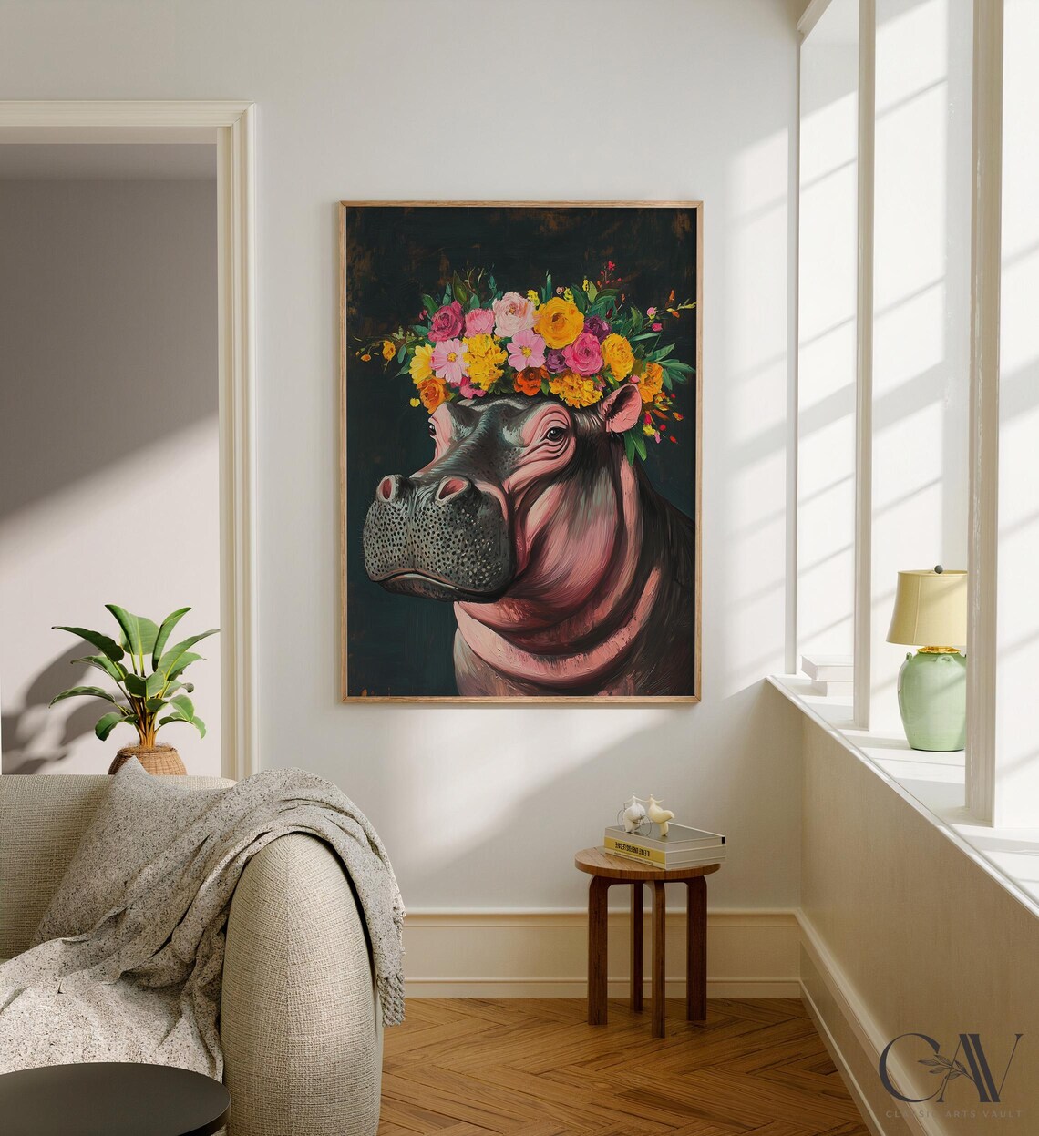 Hippopotamus Wearing Flower Crown Dark Humorous Portrait Poster - Image 2