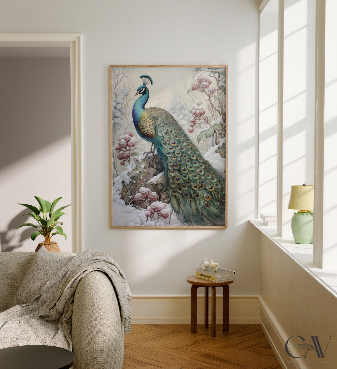 Elegant Peacock Winter Woodland Snowy Berries Floral Wall Art - Image 3