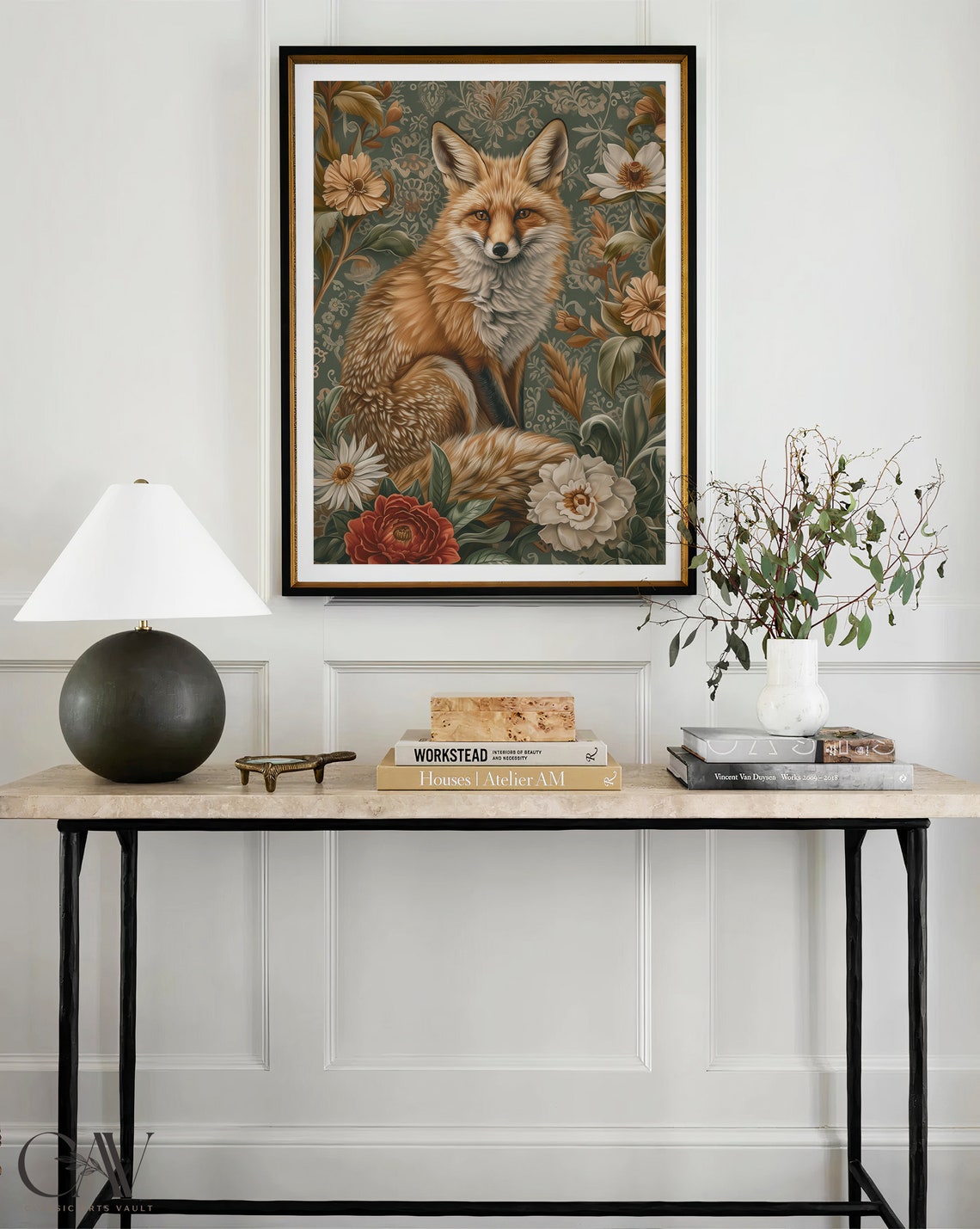 Red Fox Portrait Facing Forward With Cream Daisies on Green Art Poster - Image 4