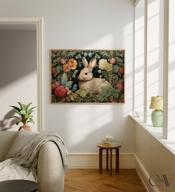 Rabbit in William Morris Style Floral Tapestry Landscape Poster