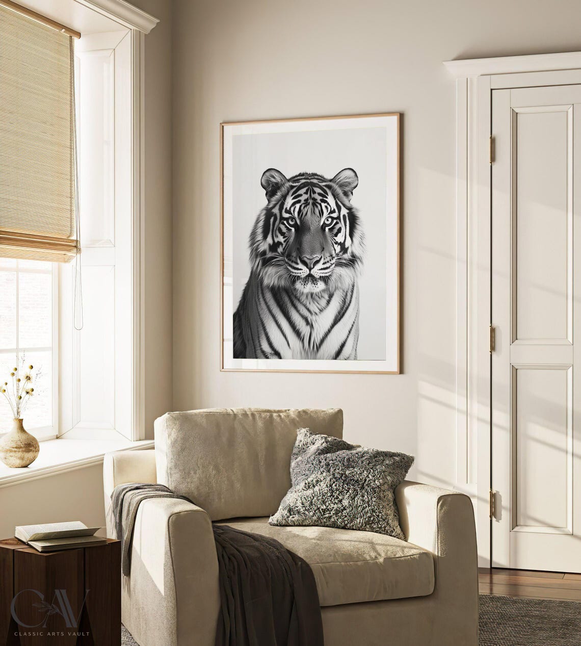 Majestic Tiger Face Black and White Wild Cat Portrait Wall Art - Image 3