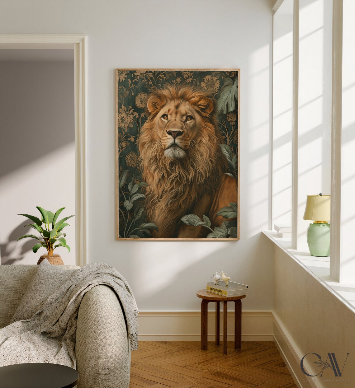 Majestic Lion with Golden Mane Dark Green Floral Wallpaper Poster - Image 2