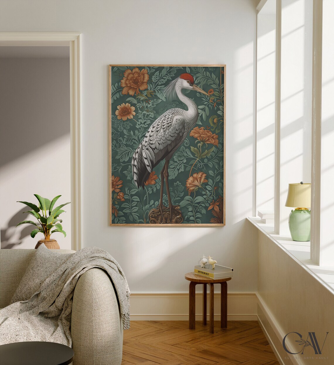 Red Crowned Crane Teal Foliage Vintage Oriental Bird Art Poster - Image 2
