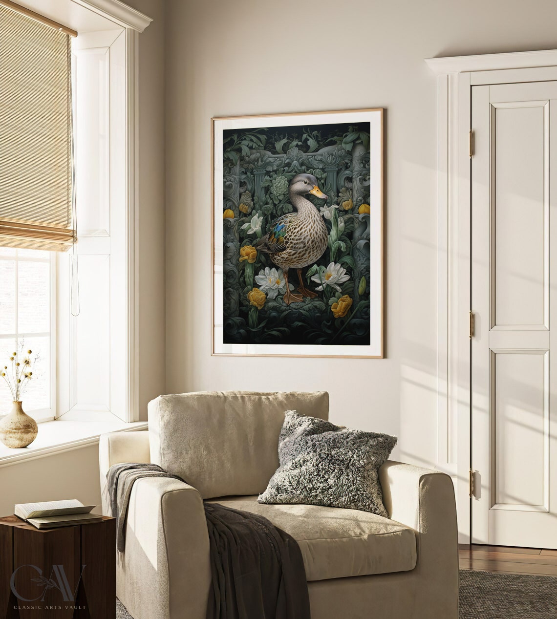 Mallard Duck Among Carved Stone Arch and White Blooms Art Print - Image 4