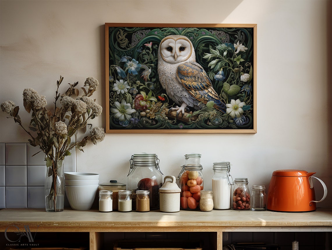 Barn Owl Night Floral Vintage Botanical Dark Woodland Poster - Image 4