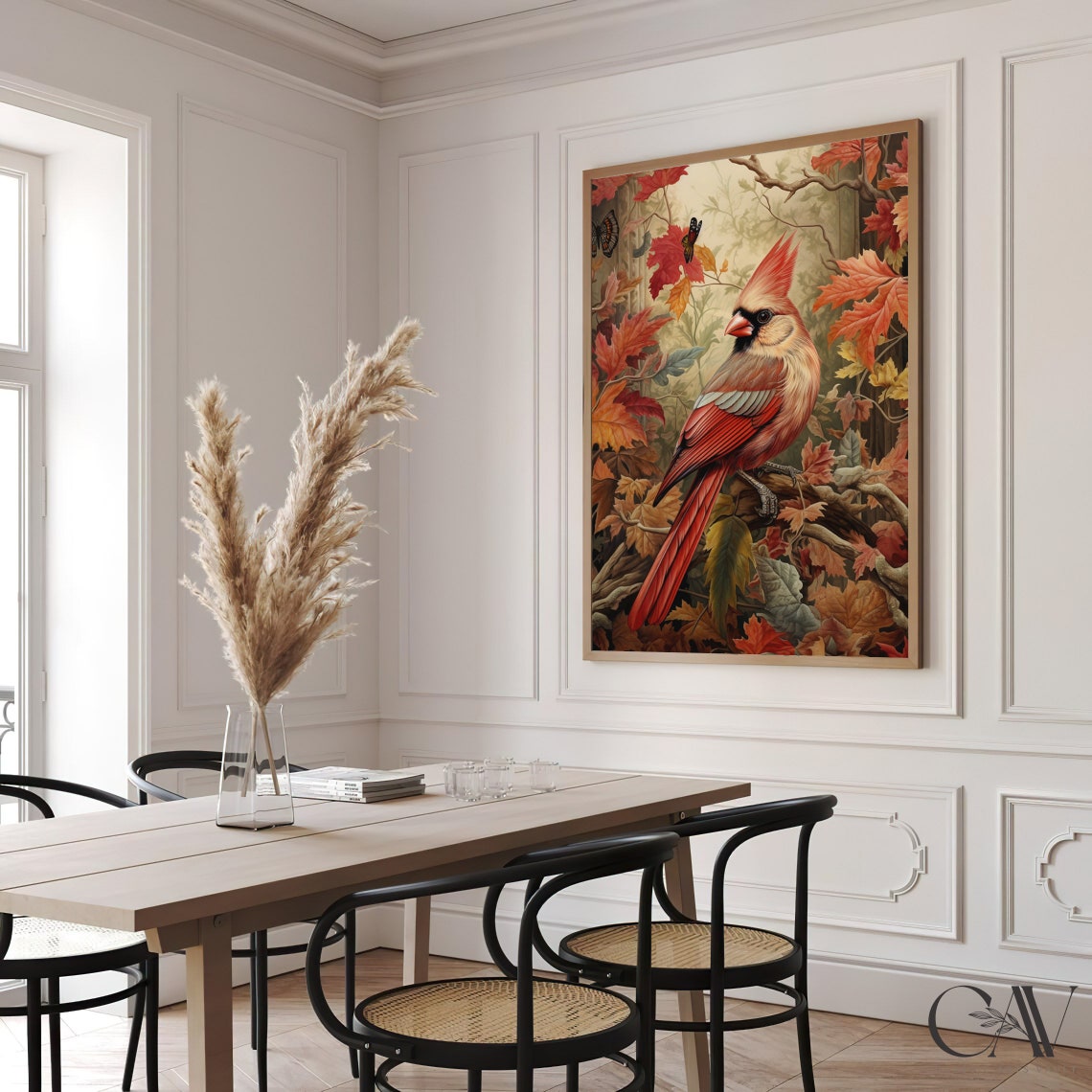 Red Cardinal Bird Among Autumn Maple Leaves and Butterflies Poster - Image 3