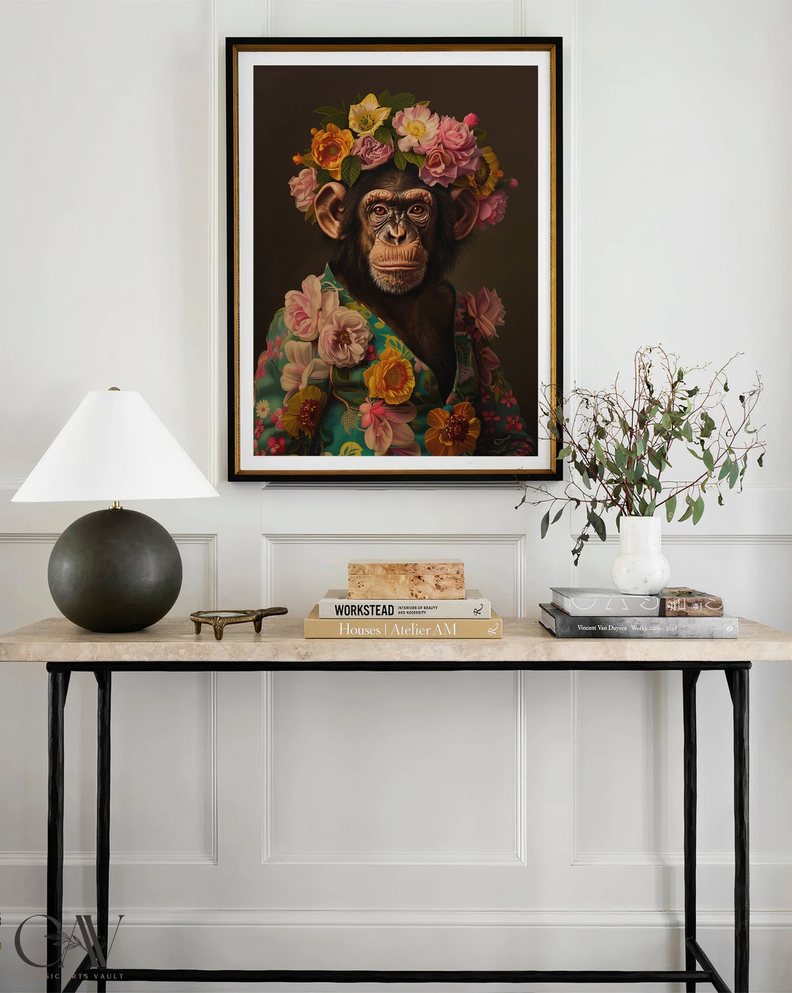 Chimpanzee Flower Crown Maximalist Floral Animal Portrait Wall Art - Image 4