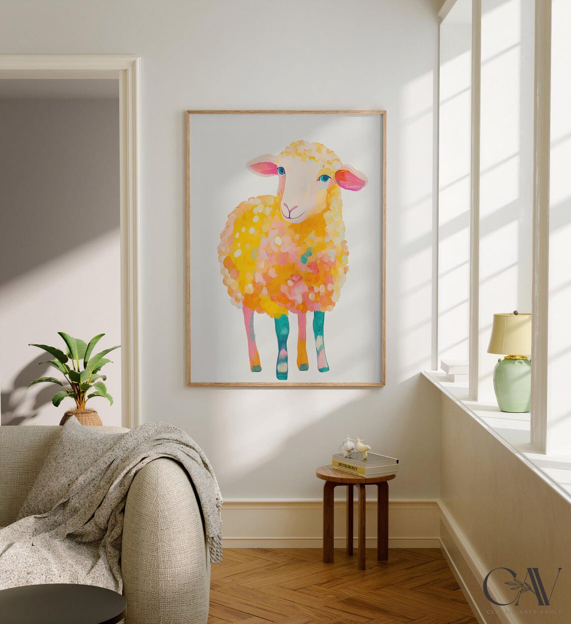 Cheerful Yellow Sheep Painting with Teal Legs Nursery Art Poster