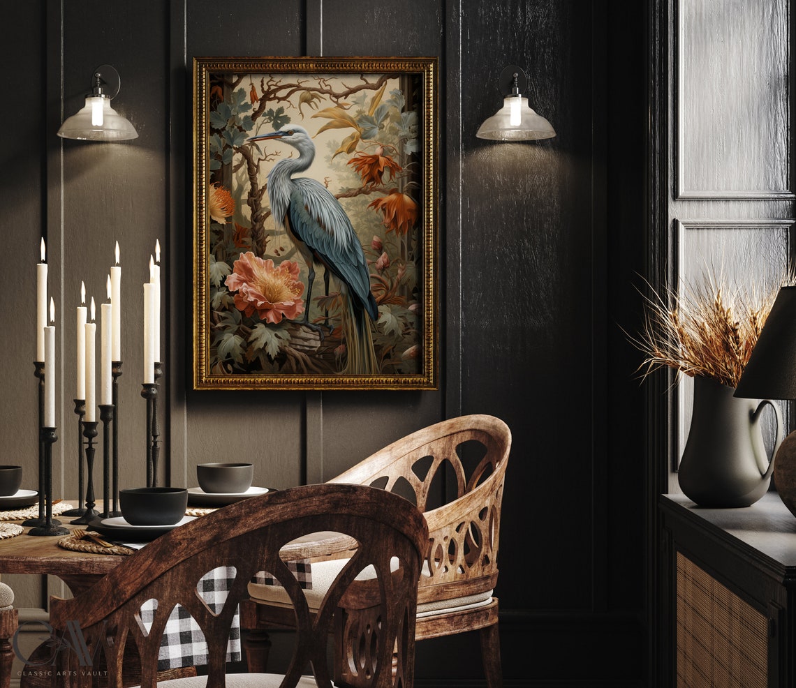 Grey Heron With Giant Pink Peony Botanical Illustration Poster - Image 2