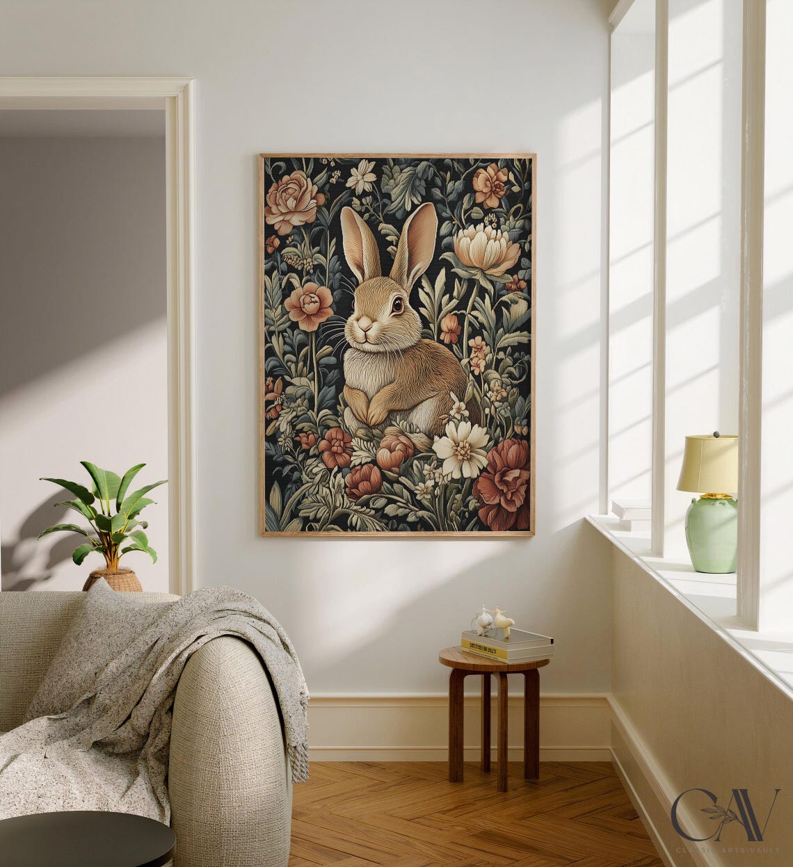 Brown Rabbit Amid Peony Blossoms Dark Floral Tapestry Art Poster - Image 3
