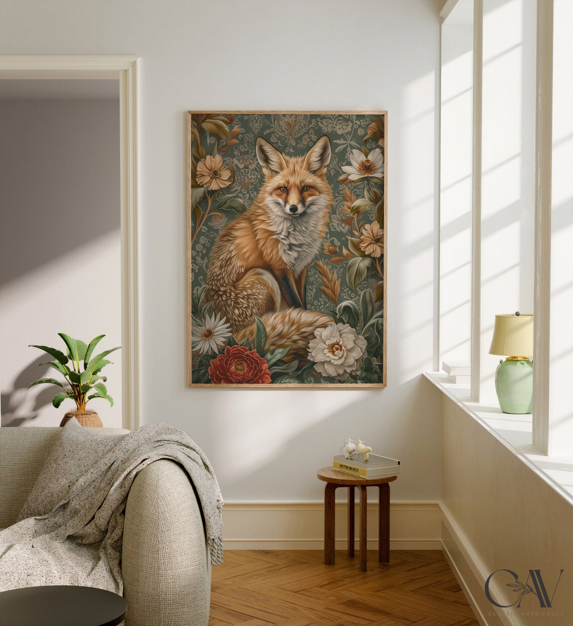 Red Fox Portrait Facing Forward With Cream Daisies on Green Art Poster - Image 2