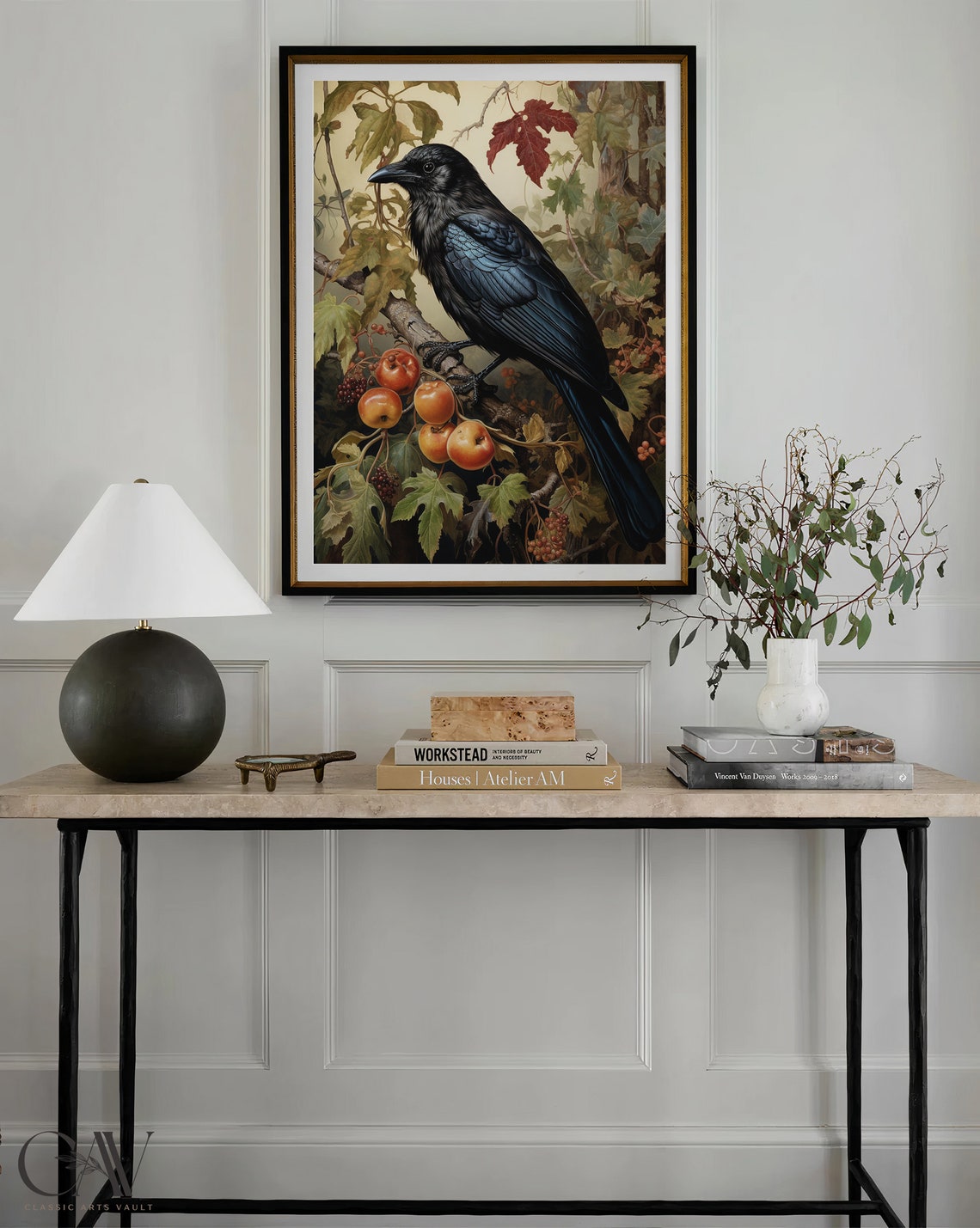 Black Crow on Autumn Branch with Fruit Vintage Botanical Poster - Image 4